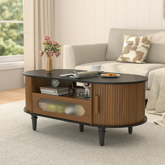 Fluted Coffee Table with Storage, Modern Coffee Tables with Drawer, Wood Center Table for Living Room