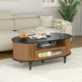 thumbnail image 1 of Fluted Coffee Table with Storage, Oval Coffee Table with Drawer&Sliding Door, Low Small Center Table for Living Room(Black and Walnut), 1 of 10
