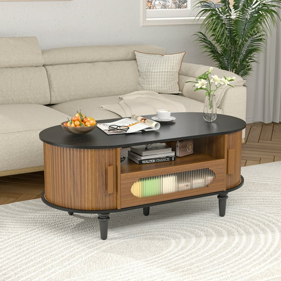 Fluted Coffee Table with Storage, Oval Coffee Table with Drawer&Sliding Door, Low Small Center Table for Living Room(Black and Walnut)
