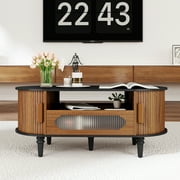 Fluted Coffee Table with Storage, Small Coffee Table with Drawer and Sliding Door, Wooden Center Tables for Living Room, Black