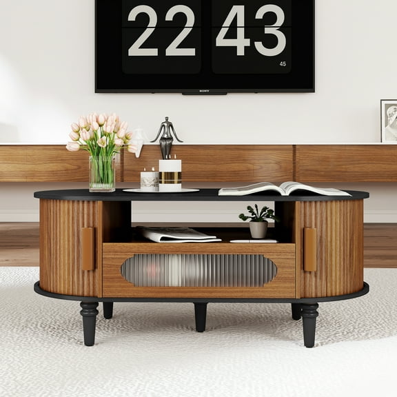 Fluted Coffee Table with Storage, Small Coffee Table with Drawer and Sliding Door, Wooden Center Tables for Living Room, Black