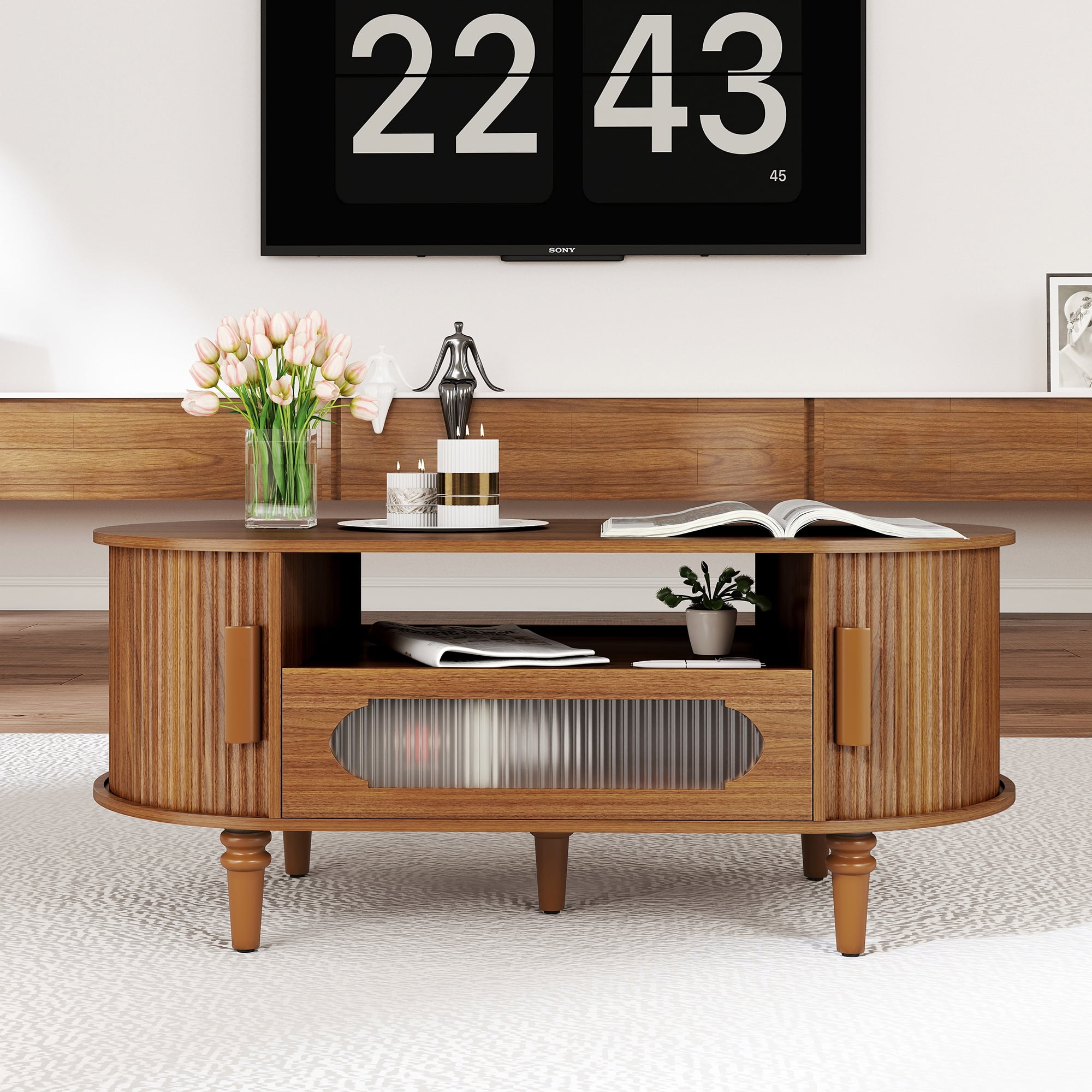 Fluted Coffee Table with Storage, Small Coffee Table with Drawer and ...