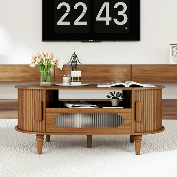 Fluted Coffee Table with Storage, Small Coffee Table with Drawer and Sliding Door, Wooden Center Tables for Living Room, Walnut