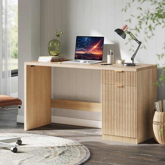 Fluted Computer Desk, Farmhouse Executive Desk with Drawer and Storage Cabinet, Wooden Office Table for Work Study Writing, Modern Workstation for Bedroom, Home Office, Natural