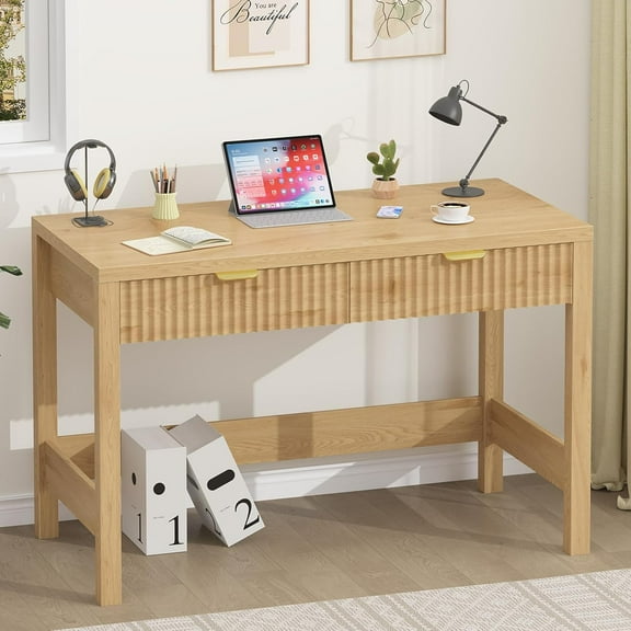 Fluted Computer Desk with 2 Drawers, 39 Inch Small Computer Desk with Power Outlets, Compact Writing Study Desk for Small Spaces