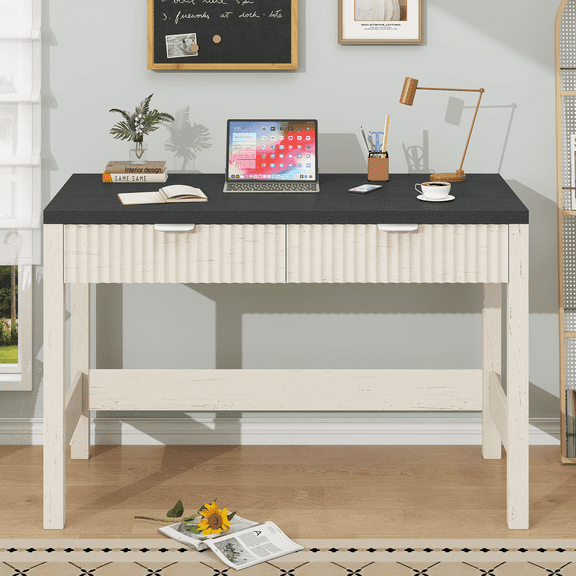 Fluted Computer Desk with 2 Drawers, 39 Inch Small Computer Desk with Storage, Compact Writing Study Desk for Small Spaces, Black and White