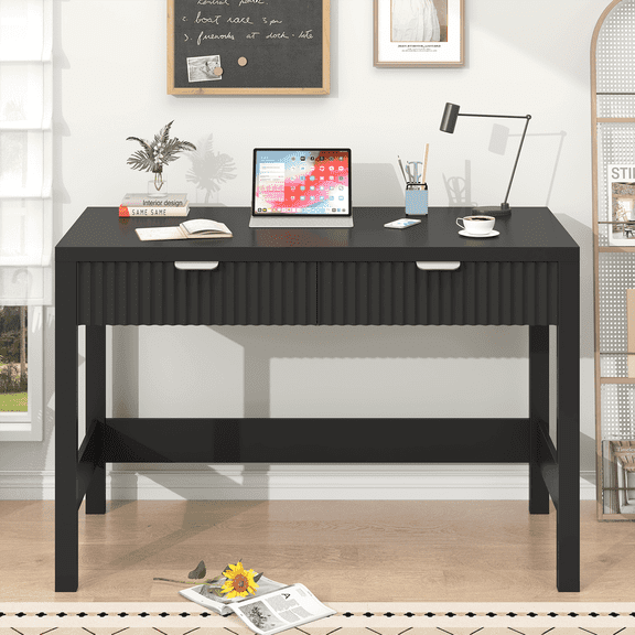 Fluted Computer Desk with 2 Drawers, 39 Inch Small Computer Desk with Storage, Compact Writing Study Desk for Small Spaces, Black
