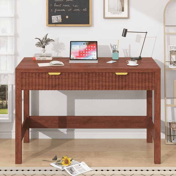 Fluted Computer Desk with 2 Drawers, 39 Inch Small Computer Desk with Storage, Compact Writing Study Desk for Small Spaces, Red Walnut