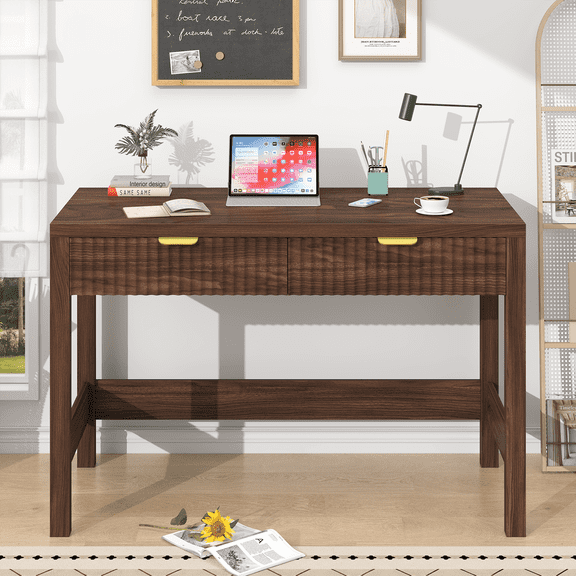 Fluted Computer Desk with 2 Drawers, 39 Inch Small Computer Desk with Storage, Compact Writing Study Desk for Small Spaces, Walnut