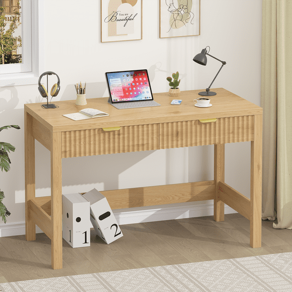 Fluted Computer Desk with 2 Drawers, 39 Inch Small Computer Desk with Storage, Compact Writing Study Desk for Small Spaces