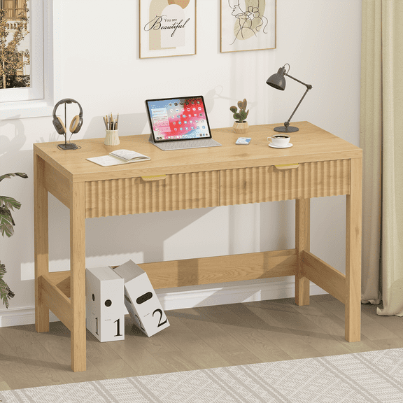 Fluted Computer Desk with 2 Drawers, 39 Inch Small Computer Desk with Storage, Compact Writing Study Desk for Small Spaces