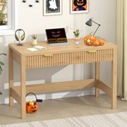 Fluted Computer Desk with 2 Drawers, 39 Inch Small Computer Desk with Storage, Compact Writing Study Desk for Small Spaces