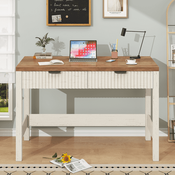 Fluted Computer Desk with 2 Drawers, 39 Inch Small Computer Desk with Storage, Compact Writing Study Vanity Desk for Small Spaces, Antique White