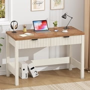 Fluted Computer Desk with 2 Drawers, 39 Inch Small Computer Desk with Storage, Compact Writing Study Vanity Desk for Small Spaces, Antique White