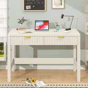 Fluted Computer Desk with 2 Drawers, 39 Inch Small Computer Desk with Storage, Compact Writing Study Vanity Desk for Small Spaces, White