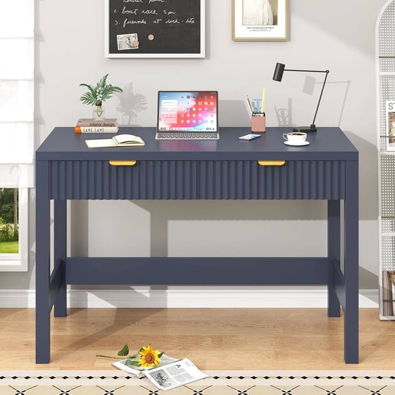 Fluted Computer Desk with 2 Drawers, 39 Inch Small Writing Study Desk for Small Spaces, Blue