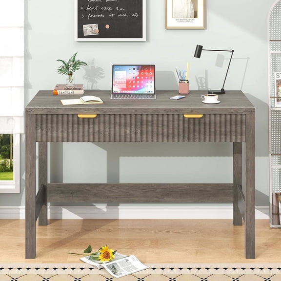 Fluted Computer Desk with 2 Drawers, 39 Inch Small Writing Study Desk for Small Spaces, Gray