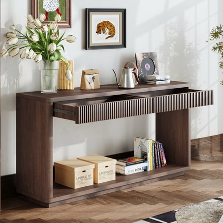 Fluted Console Table, 2 Drawers, Walnut Wood Veneer, for Entryway & Living Room