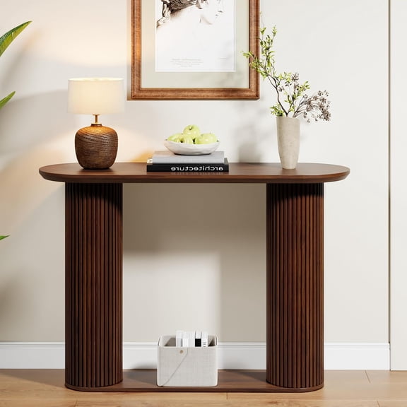 Fluted Console Table, Farmhouse Entryway Table with Storage and Fluted Wood Legs, Narrow Small Long Entry Sofa Table for Entrance, Hallway, Living Room (Walnut)