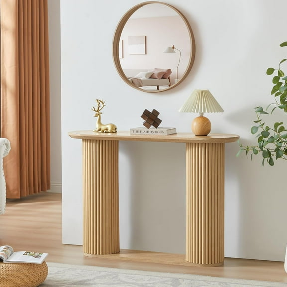 Fluted Console Table, Farmhouse Entryway Table with Storage and Fluted Wood Legs, Narrow Sofa Table Small Long Entry Table for Entrance, Hallway, Living Room (Natural)