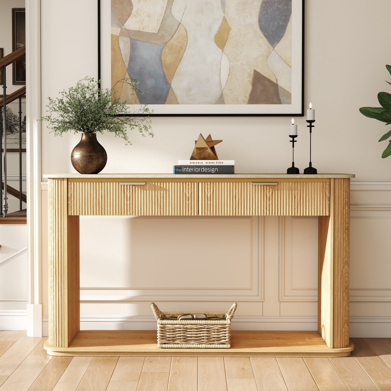 Fluted Console Table with Faux Travertine Top, 63" Entryway Sofa Table with Rose Gold Trim, 2 Drawers and Open Shelf, Curved Edge Modern Hallway Accent Table for Living Room