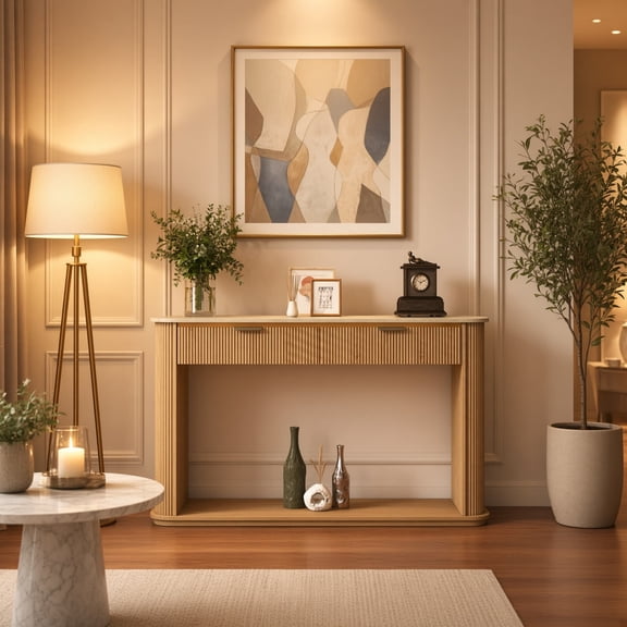Fluted Console Table with Faux Travertine Top, Entryway Sofa Table with Rose Gold Trim, 2 Drawers and Shelf, Modern Hallway Accent, Natural Wood