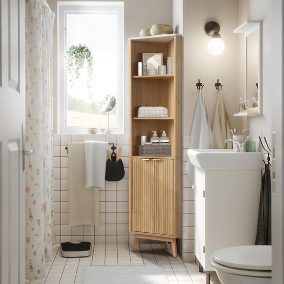 Fluted Corner Cabinet, 68" Tall Corner Storage Cabinet with 2 Door & 4 Adjustable Shelves, Freestanding Bathroom Shelf, Faux Marble Top, Curved for Bathroom, Kitchen (Natural)