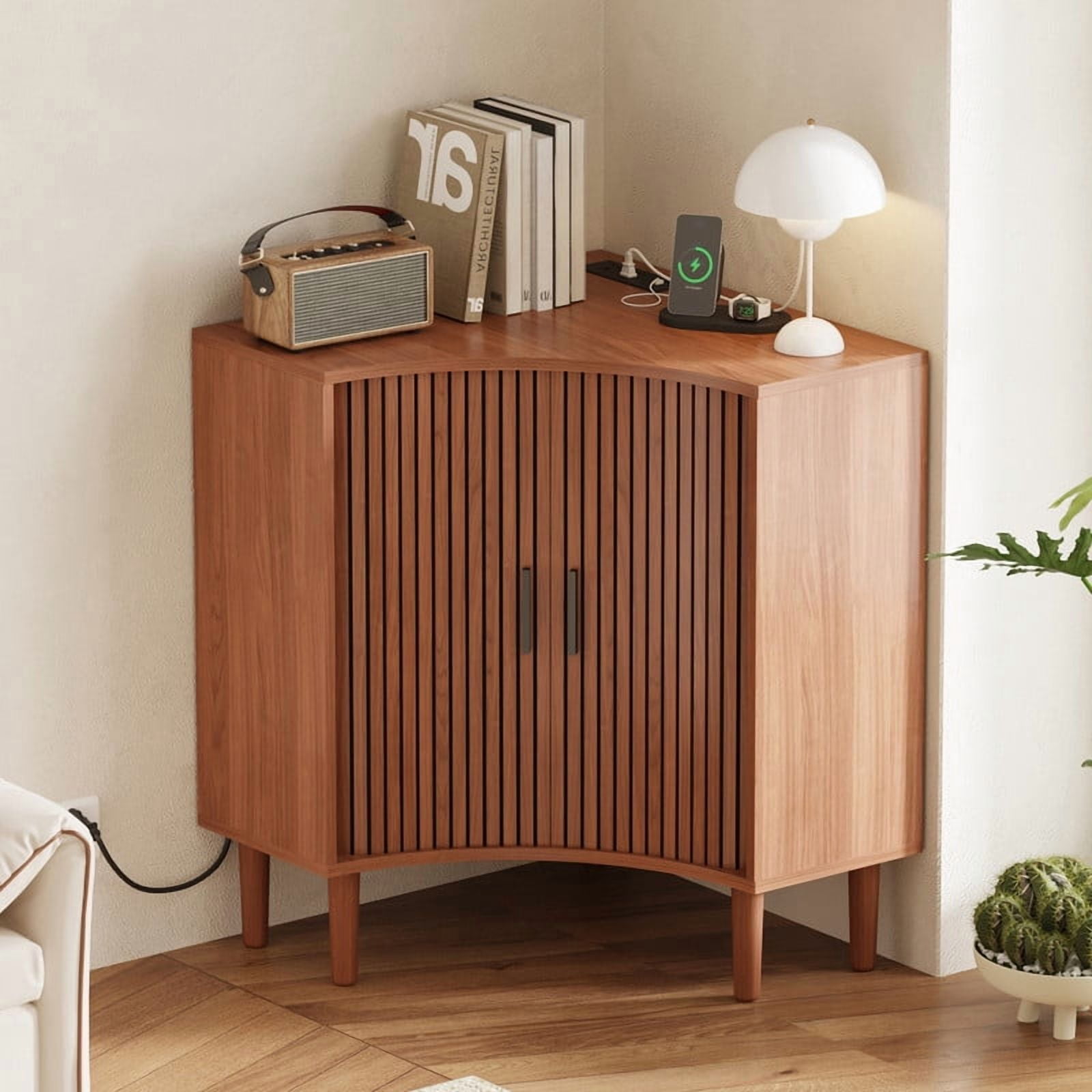 Fluted Corner Cabinet with Charging Station, Small Corner Floor Cabinet with Sliding Doors, Modern Wooden Freestanding Narrow Storage Organizer for Living Room, Small Space,Dining Room, Bathroom