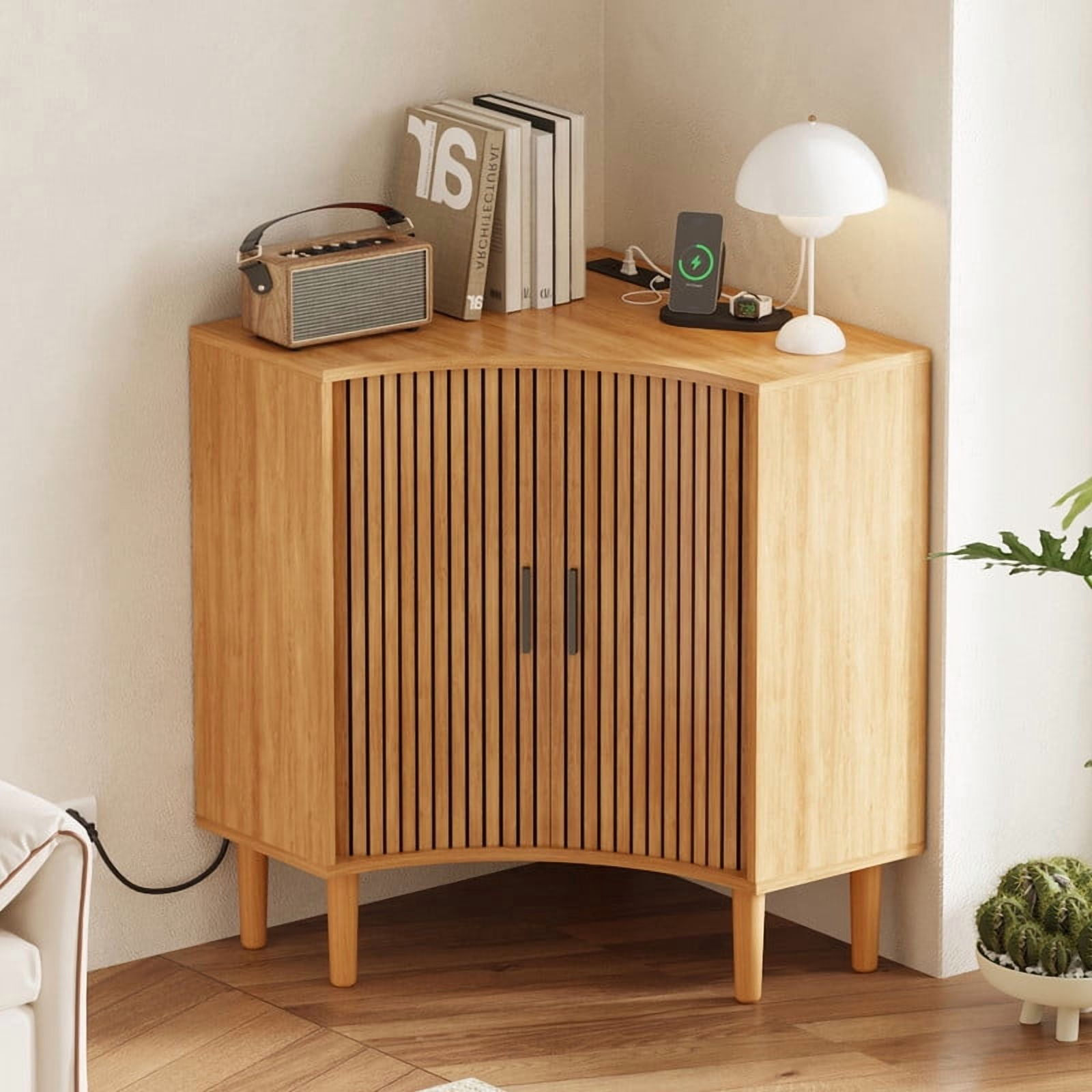 Fluted Corner Cabinet with Charging Station, Small Corner Floor Cabinet with Sliding Doors, Modern Wooden Freestanding Narrow Storage Organizer for Living Room, Small Space,Dining Room, Bathroom