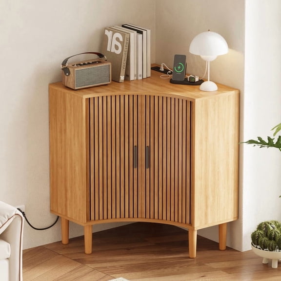 Fluted Corner Cabinet with Charging Station, Small Corner Floor Cabinet with Sliding Doors, Modern Wooden Freestanding Narrow Storage Organizer for Living Room, Small Space,Dining Room, Bathroom
