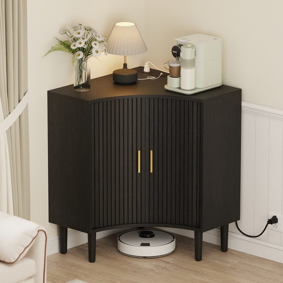 Fluted Corner Cabinet with Charging Station, Small Corner Floor Cabinet with Sliding Doors, Modern Wooden Freestanding Narrow Storage Organizer for Living Room, Small Space,Dining Room, Bathroom