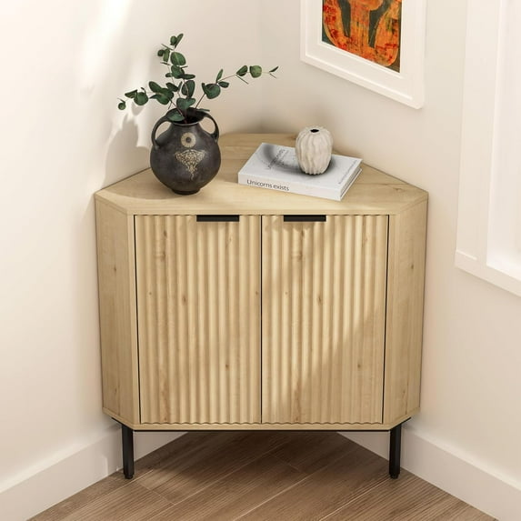 Fluted Corner Cabinet, Modern Small Corner Floor Cabinet with 2 Doors and 2-Tier Shelves, Freestanding Narrow Organizer for Living Room Kitchen Bathroom, Light Oak