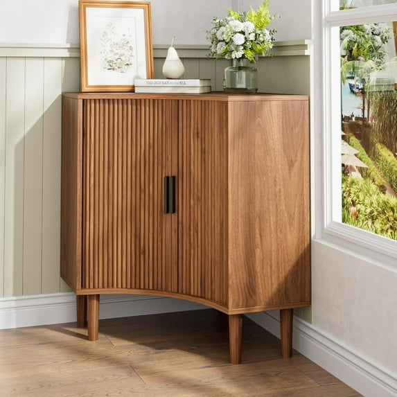 Fluted Corner Cabinet, Modern Small Floor Storage with Sliding Doors & Adjustable Shelves for Bathroom or Living Room