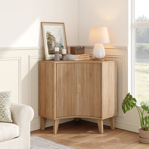 Fluted Corner Cabinet, Small Corner Storage Cabinet with Sliding Doors and Adjustable Shelves, Modern Wooden Freestanding Narrow Storage Organizer for Small Space,Living Room, Bedroom, Bathroom