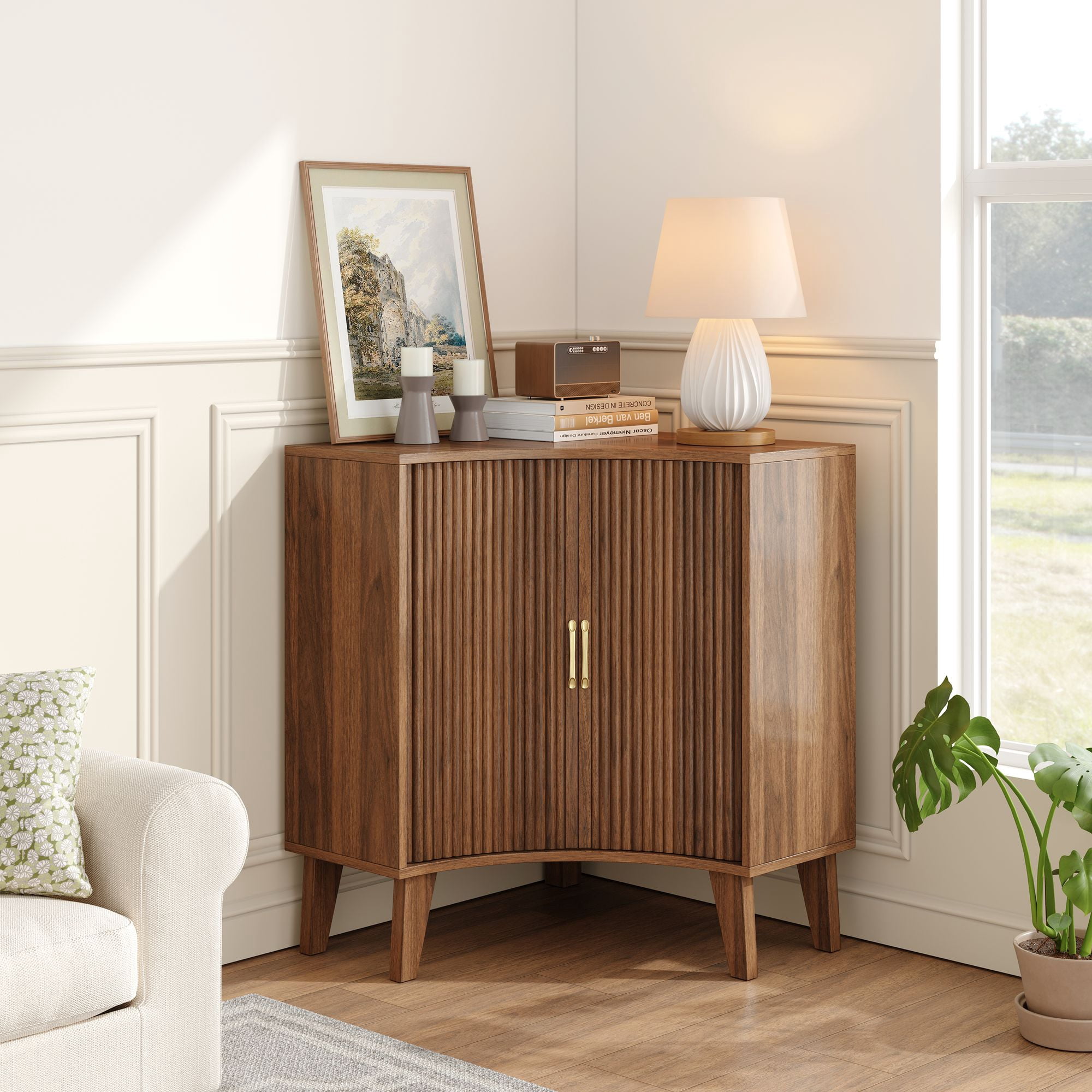 Small Corner Console Fluted Corner Cabinet, Small Corner Storage Cabinet with Sliding Doors ...