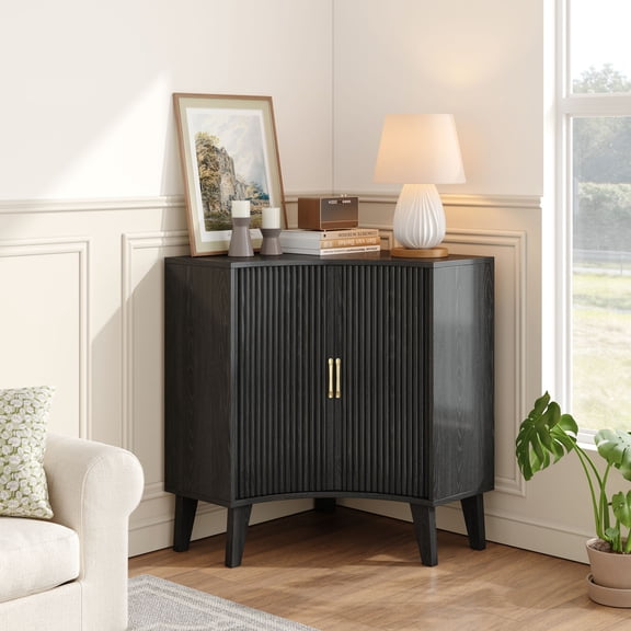 Fluted Corner Cabinet, Small Corner Storage Cabinet with Sliding Doors and Adjustable Shelves, Modern Wooden Freestanding Narrow Storage Organizer for Small Space,Living Room, Bedroom, Bathroom