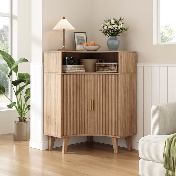 LSKTGA Fluted Corner Cabinet, Modern Narrow Freestanding Storage Cabinet with Sliding Doors, Small Floor Cabinet, Corner Storage Cabinet with Shelves for Living Room, Kitchen, Bathroom, Natural