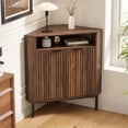 thumbnail image 1 of Fluted Corner Cabinet with Storage, Modern Floor Cabinets with Adjustable Shelf & Metal Legs Wooden Narrow Cabinet Organizer for Living Room Kitchen, Brown, 1 of 13