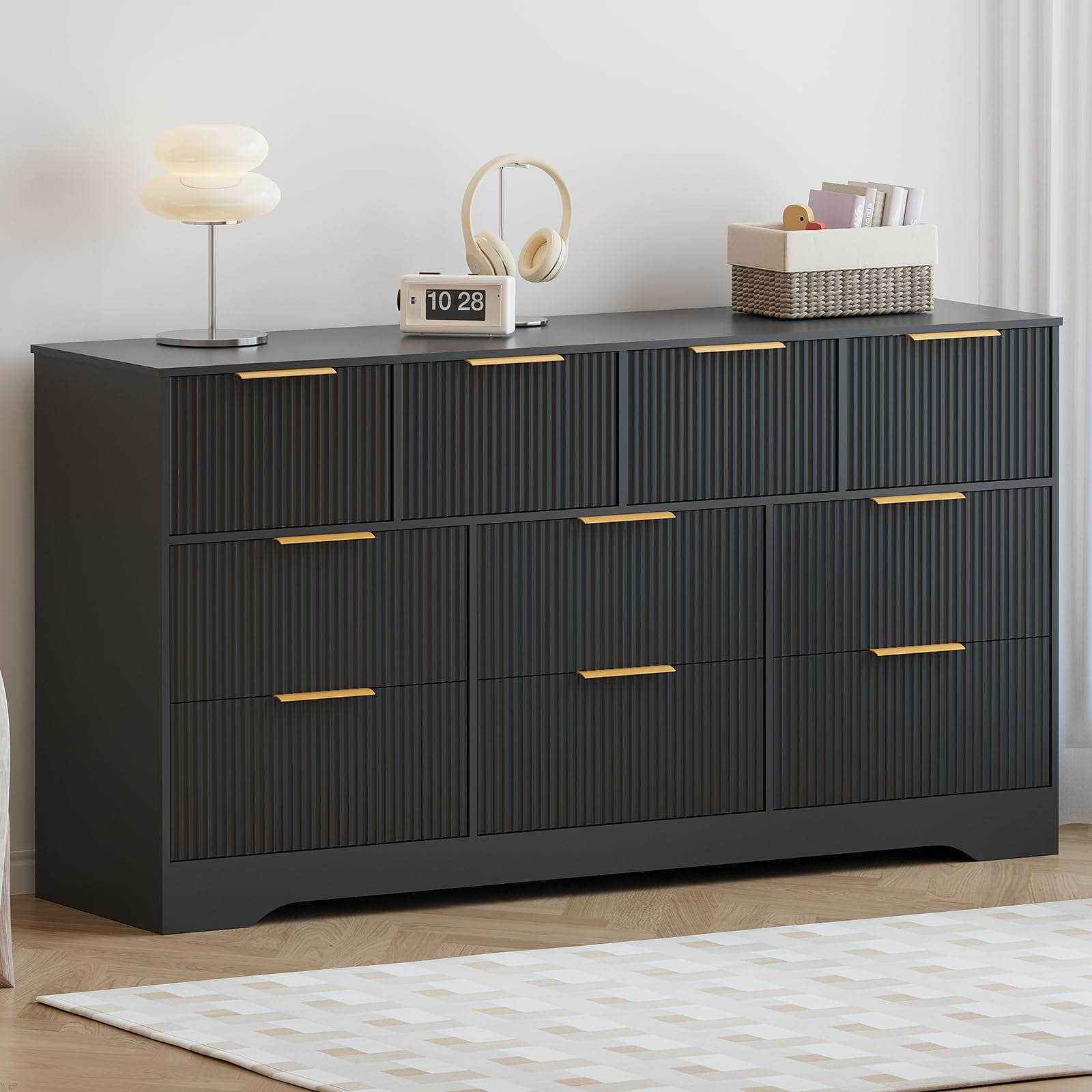 Fluted Design 10-Drawer Dresser - 59" Wide Modern Wood Chest for Bedroom, Living Room TV Stand or Hallway Storage Organizer with Wood Frame, Black
