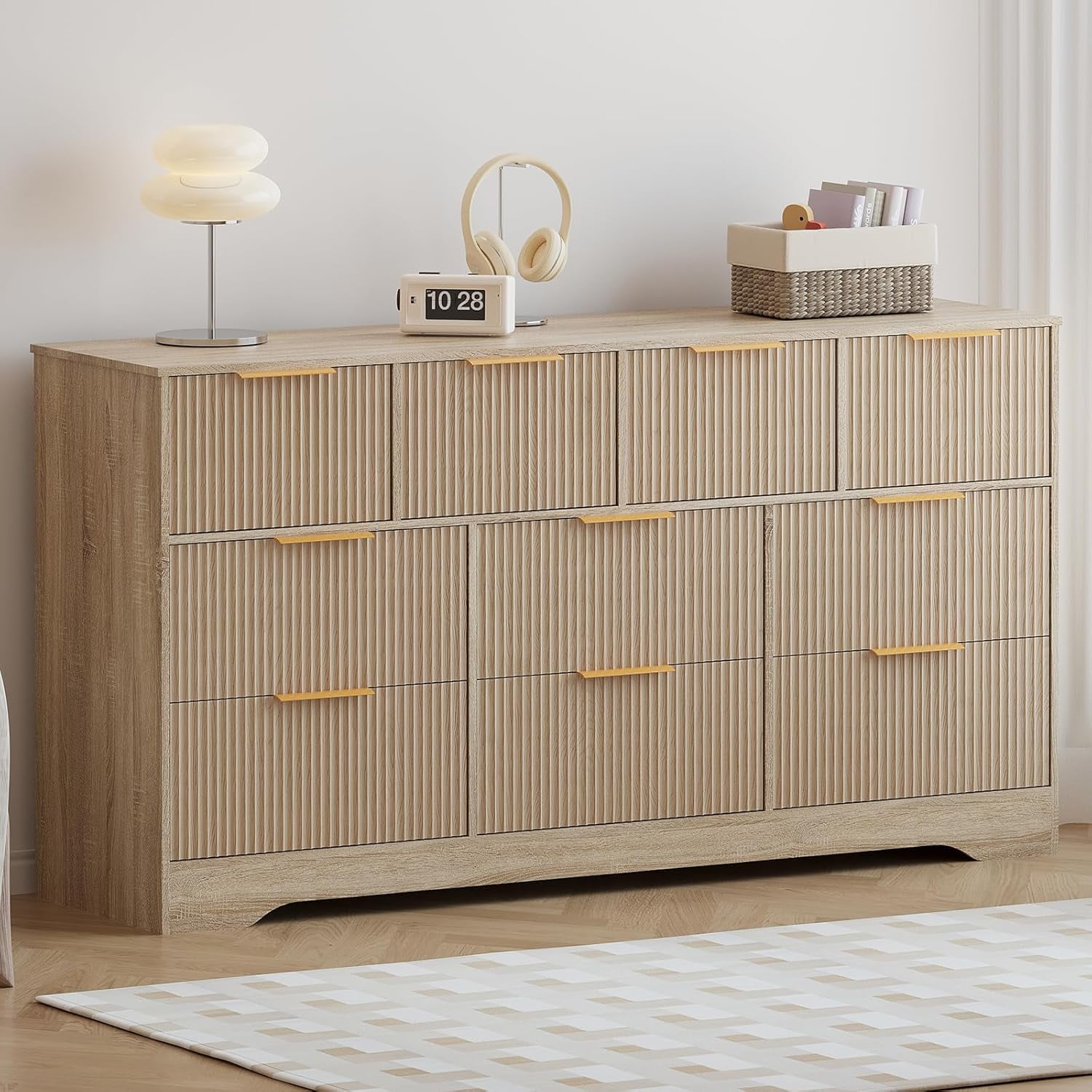 Fluted Design 10-Drawer Dresser - 59" Wide Modern Wood Chest for Bedroom, Living Room TV Stand or Hallway Storage Organizer with Wood Frame, Natural