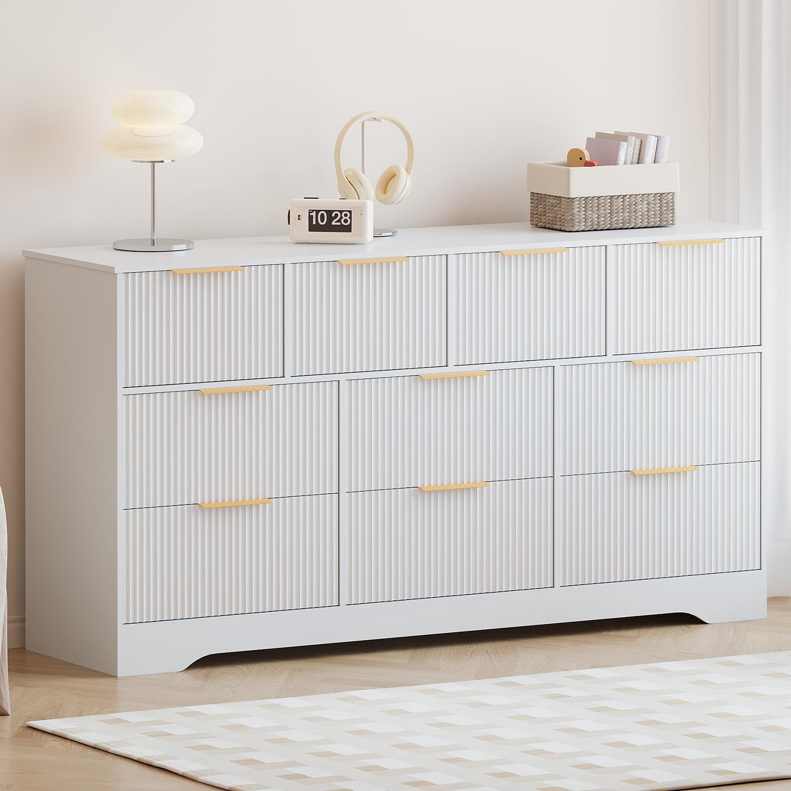 Fluted Design 10-Drawer Dresser - 59" Wide Modern Wood Chest for Bedroom, Living Room TV Stand or Hallway Storage Organizer with Wood Frame, White