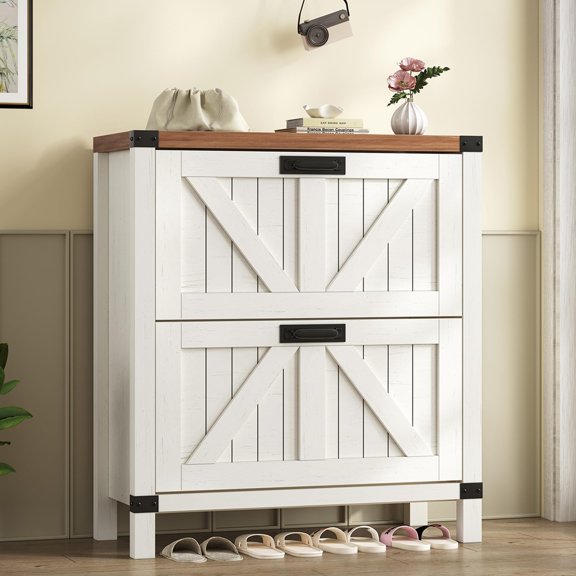 Fluted Design Shoe Storage Cabinet, Double Layer Slim Freestanding Stand White