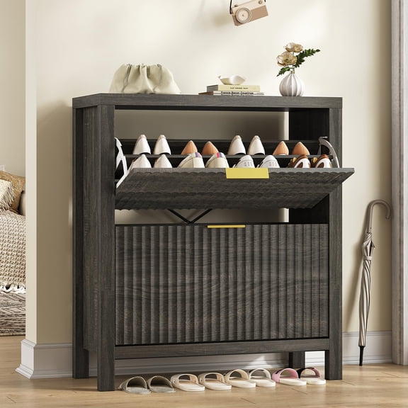 Fluted Design Shoe Storage Cabinet, Double Layer Slim Freestanding Stand White