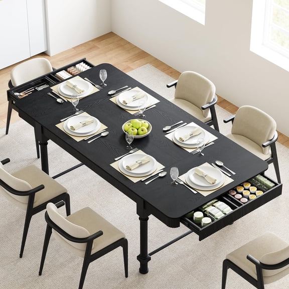 Fluted Dining Table for 6 to 10 People, 79'' Long Rustic Dinner Table with Drawers, Farmhouse Rectangular Wooden Tables for Kitchen, Dining Room, Living Room (Black)