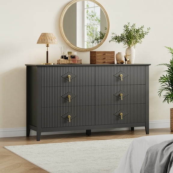 Fluted Dresser 54 Inch Wide, 6-Drawer Wood Dresser for Bedroom, Extra Wide Modern Chest of Drawers with Metal Handle, Storage Organizer Cabinet for Living Room, Hallway, Entryway