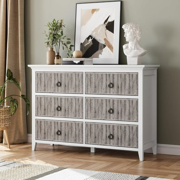 Fluted Dresser, 6 Drawer Dresser for Bedroom, Modern Waveform Panel Closet Dressers Chest with Circle Black Handle, 47.2’’ Wide Wood Storage Organizer for Nursery Bedroom, Hallway, Closet, Living Room