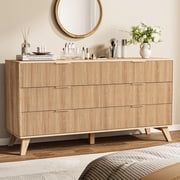 Fluted Dresser with 6 Drawers, 53.43 Inch Wood Double Dresser with Metal Handles Curved Design Wide Storage Organizer Cabinet Modern Chest Dressers for Bedroom Living Room HallwayOak