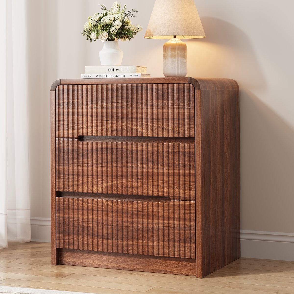 Fluted Dresser for Bedroom, 3 Drawer Dressers for Closet Small Wood Dresser Modern TV Stand, Wooden Clothes Storage Organizer Chest of Drawers for Living Room Hallway Entryway