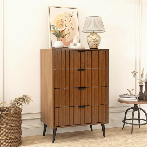 Fluted Dresser for Bedroom with 4 Drawers, 24'' Wide Modern Dresser with Metal Handle, Natural Wood Dressers Organizer with Blister Drawers for Bedroom, Brown