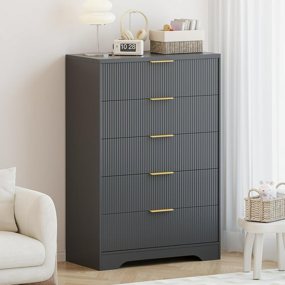 Fluted Dresser for Bedroom,5 Drawer Dressers, Wood Tall Dresser Storage Organizer, Chest of Drawers with 5 Drawers,Modern Bedroom Chest for Closet Hallway, Entryway, Living Room